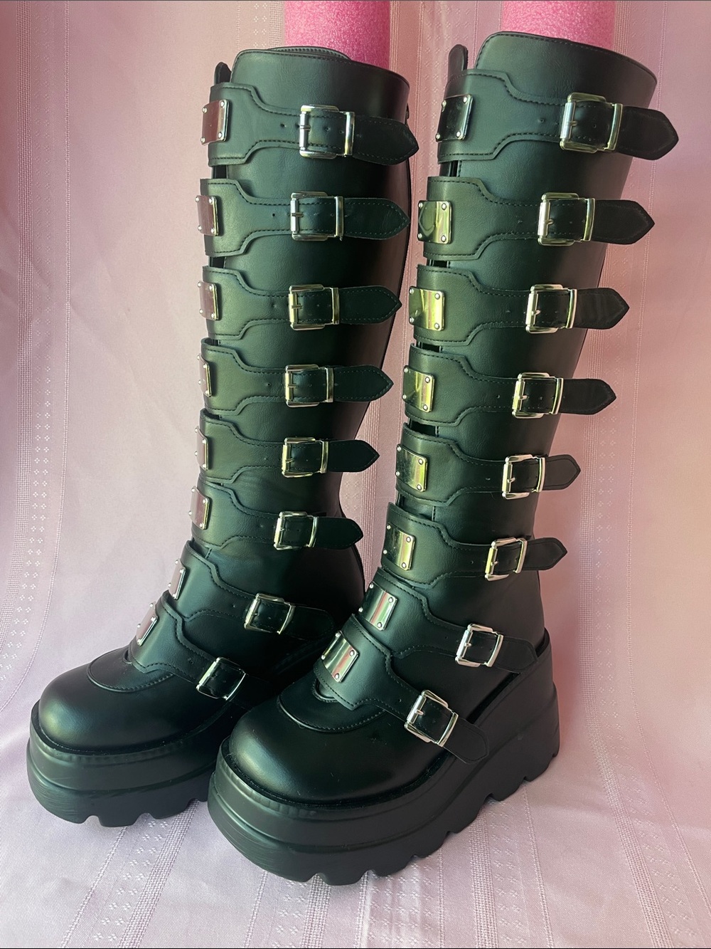 Tall Black Platform Punk Gothic Buckle Knee-High Boots - Women
